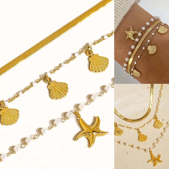 Cassie 18K Gold Non-Tarnish Shell Pearl Bracelet Set - Picture 1 of 5